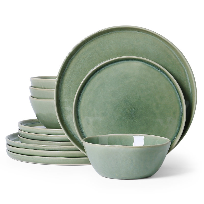 Services de vaisselle en grès 12 pièces Farrar Water Ripple Design, service pour 4, Vert