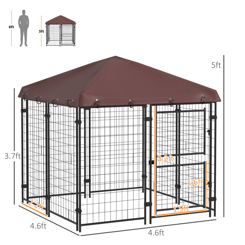 Chenil d'extérieur 4,6 pi x 5 pi, toile imperméable, acier pour petits chiens, deux portes, abri à enclos brun, imperméable, moyen robuste