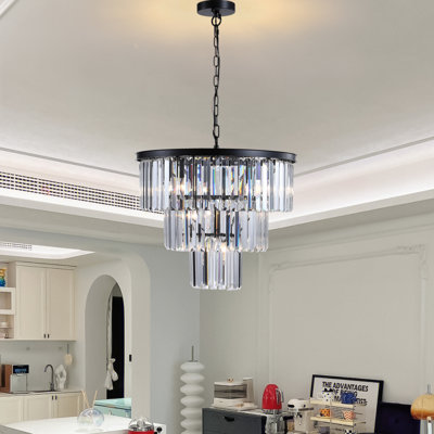 Lustre en cristal de luxe à 3 niveaux de 20 po, luminaire suspendu 7 lumières à cadre noir, éclairage de plafond élégant pour le salon, la salle à manger, la chambre à coucher (sans ampoules)
