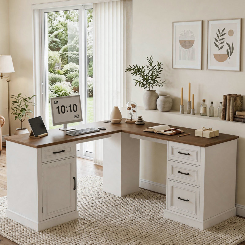 Farmhouse 59" L-Shaped Executive Desk With Drawers, Brown/Beige