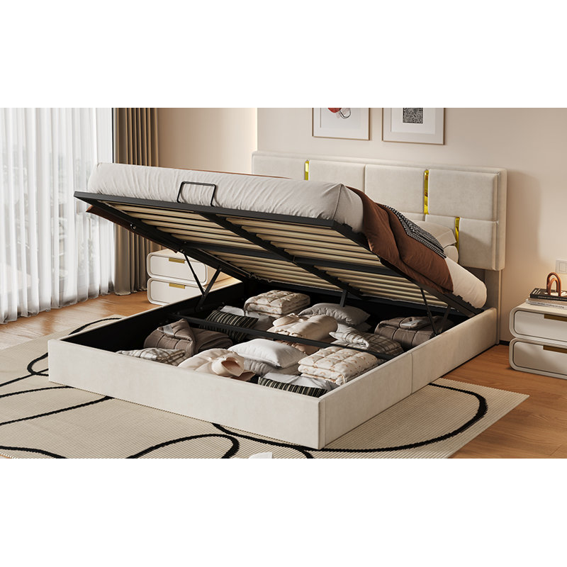 Grand lit plateforme tapissier avec système de rangement hydraulique, sans sommier tapissier, beige
