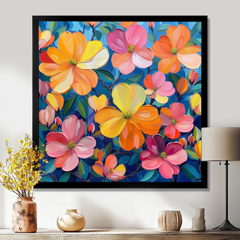 Rose, orange, vibrant, cornouiller II - cornouiller, art mural, Toile encadrée noire simple, H 36 po x l 36 po x P 1,5 po