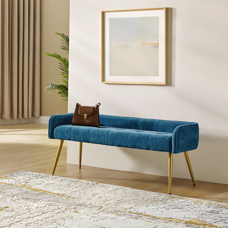 Millbury Polyester Upholstered Bench with Metal Leg, Blue