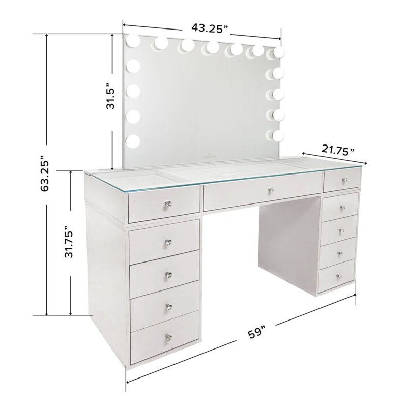 Ensemble de coiffeuse avec miroir de coiffeuse Slay Station Naomi, ensemble de 4 tiroirs, poignées de tiroir Crystal Lux