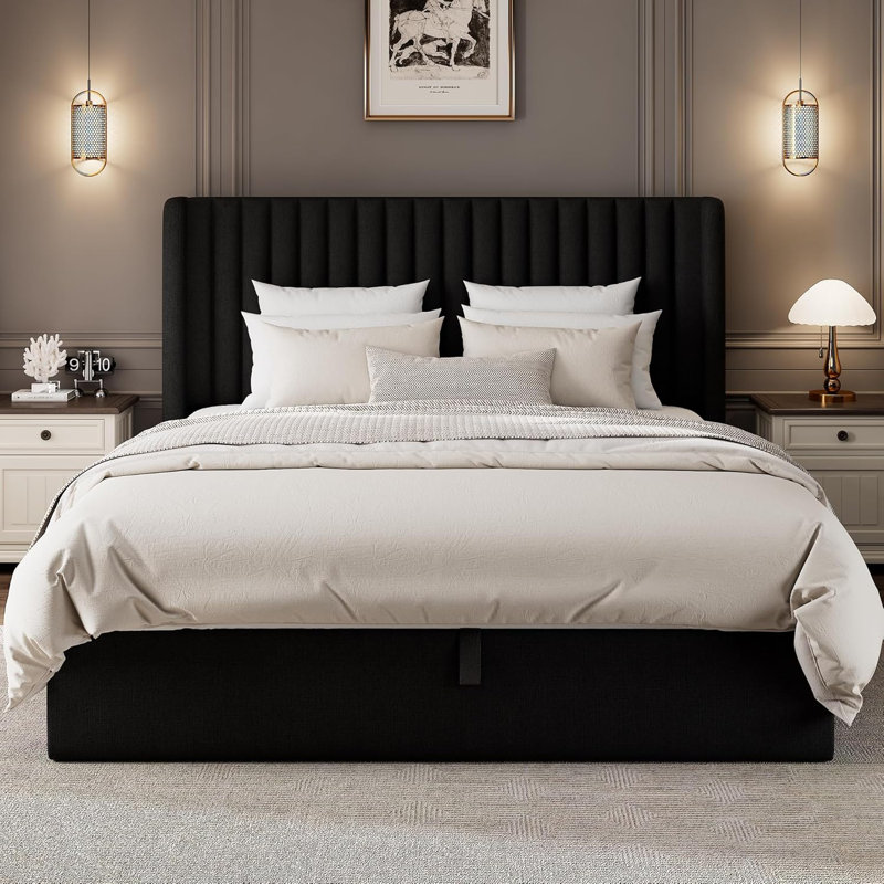Full Size Lift Up Storage Bed Frame With Wingback Headboard, Linen Upholstered Platform Bed With Heavy Duty Wooden Slats Support, Underneath Hydraulic Storage, No Box Spring Needed, Black