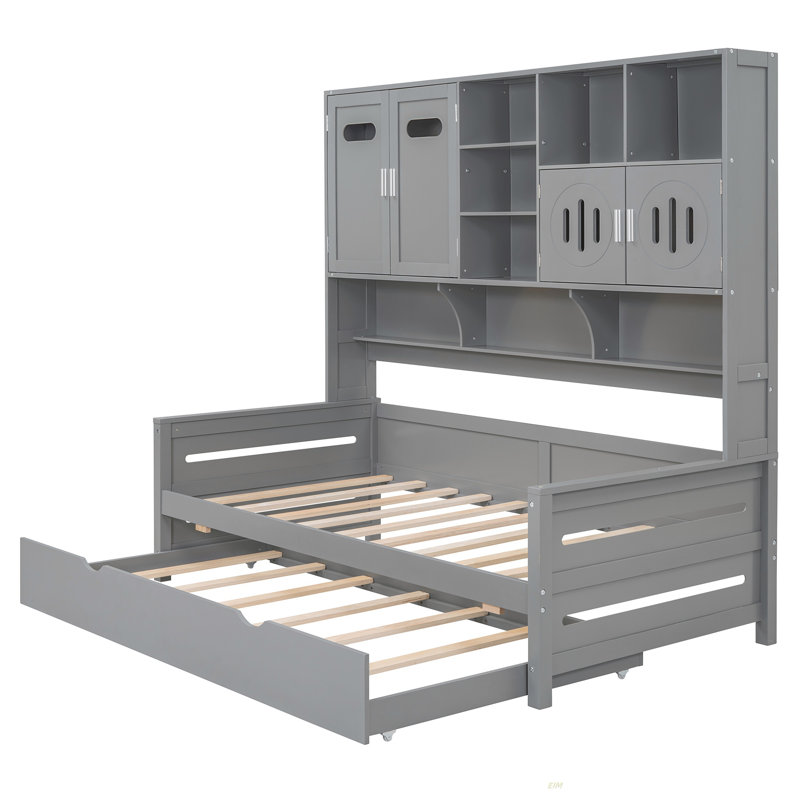Lit de jour en bois avec lit gigogne simple, armoire et tablette tout-en-un (lit de jour), Lit simple, Gris