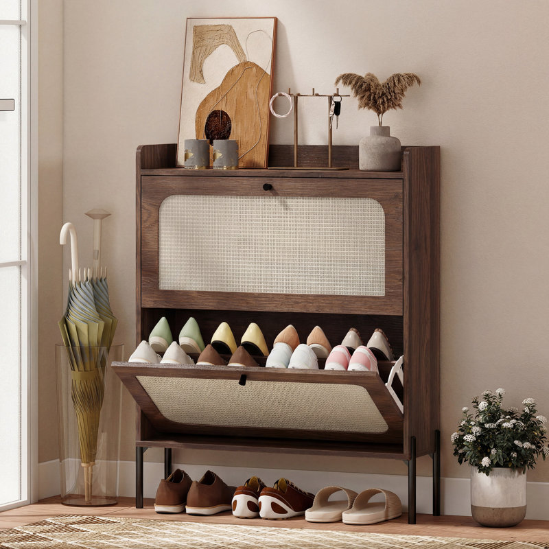 16 Pair Shoe Storage Cabinet, Dark Brown Wood