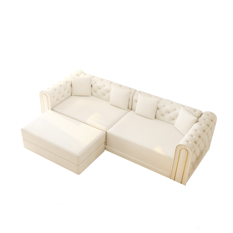 Élégant canapé modulaire en velours avec repose-pieds mobile, canapé-lit convertible 3 en 1 avec capitonnage à boutons et bordure dorée pour le salon