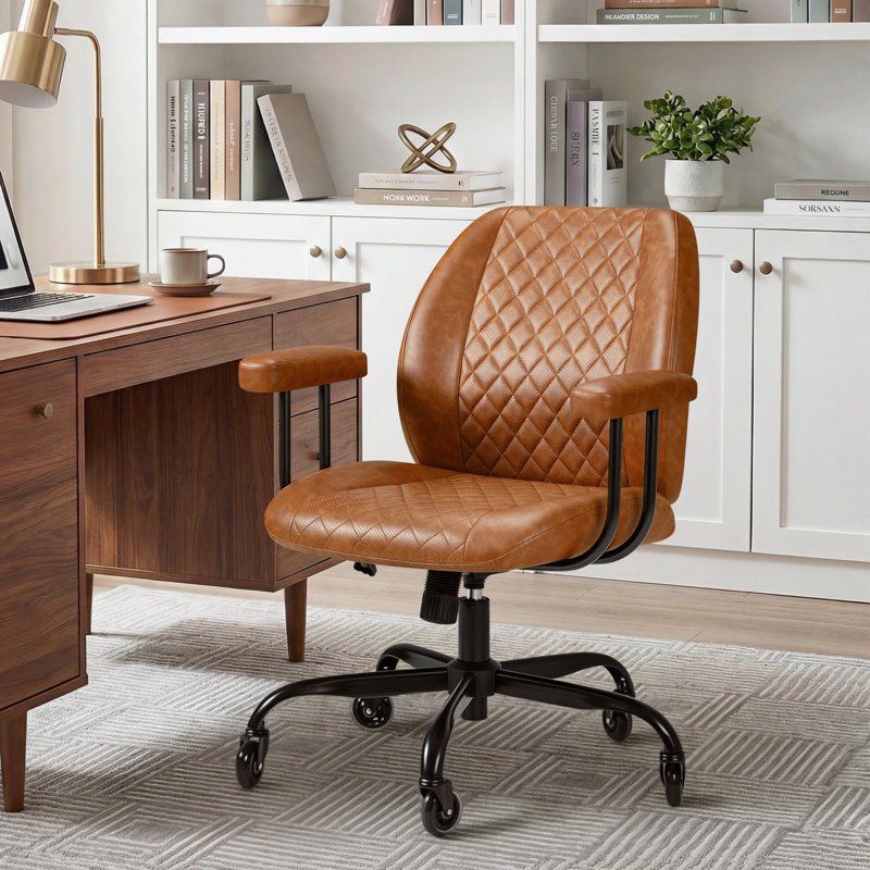 Chaise de bureau ergonomique avec support lombaire, hauteur réglable et dossier inclinable, chaise de bureau pivotante avec accoudoirs, similicuir brun