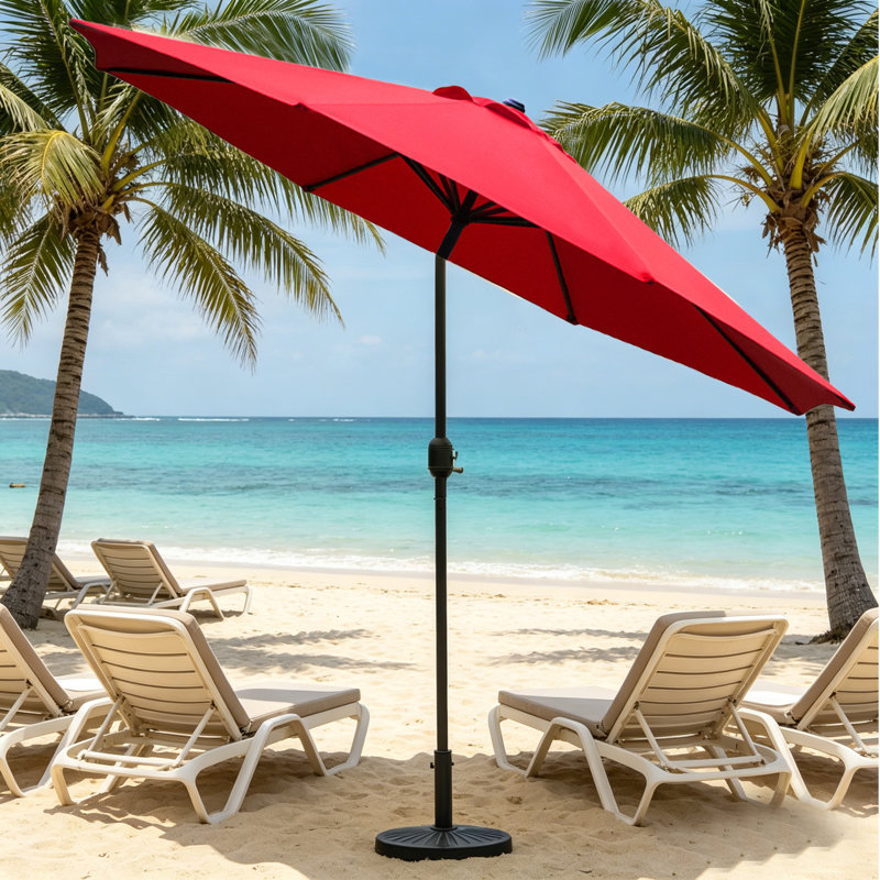 Parasol de marché à manivelle et inclinaison 9 pi Jaenis avec auvent résistant aux intempéries pour cour et terrasse, Rouge