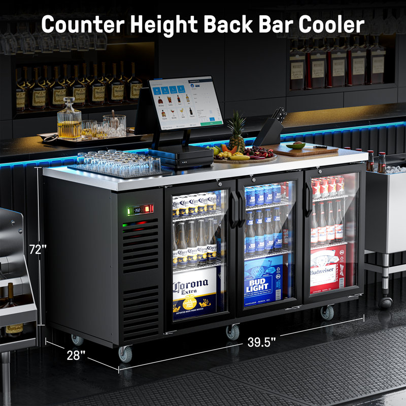 Coolake 72” Commercial Back Bar Cooler With 3 Glass Doors, 24.2 Cu.ft. Stainless Steel Top Back Bar Refrigerator With Led Lighting, Counter Height Back Beverage Refrigerator For Bar Restaurant Office