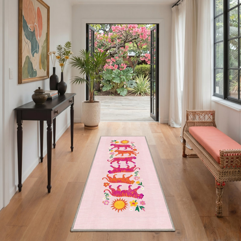 Machine Washable Non Slip Pink Tiger Floral Runner Rug Hallway Runner Carpet, Runner 2' x 6'