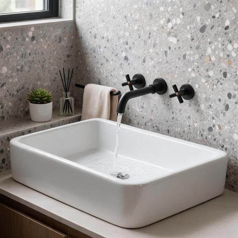 Robinet de lavabo de salle de bain mural en laiton massif noir mat avec deux poignées en croix, Matte Black