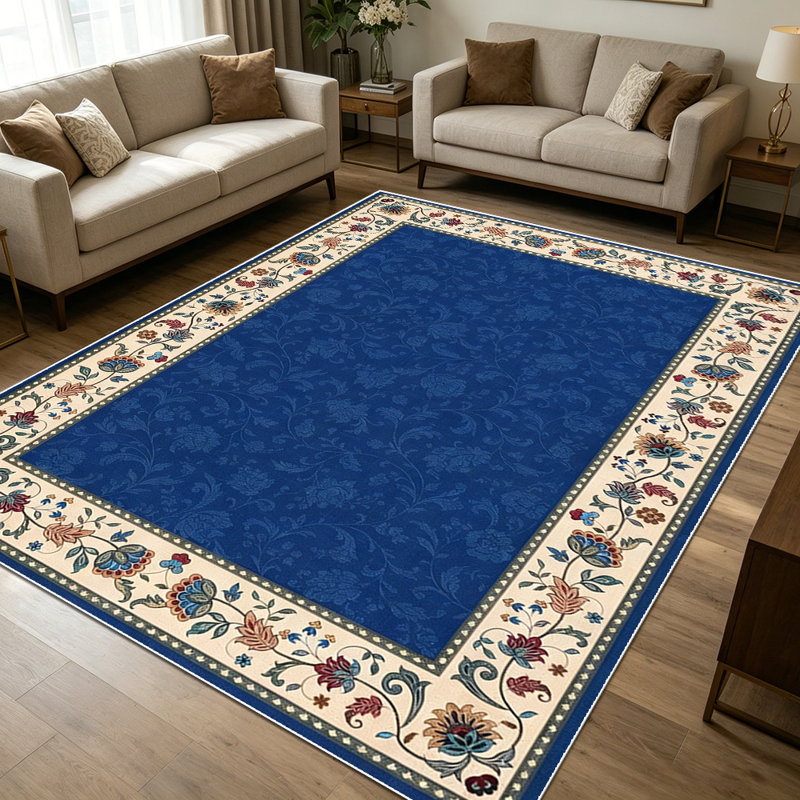 1PC Vintage Floral Bordered Royal Blue area rugs for Living Room, Soft and Comfortable, Suitable for all seasons, easy-to-maintain, machine washable Indoor floor mat, Under Table Farmhouse suitable for dining table, coffee table, bedroom, entryway,