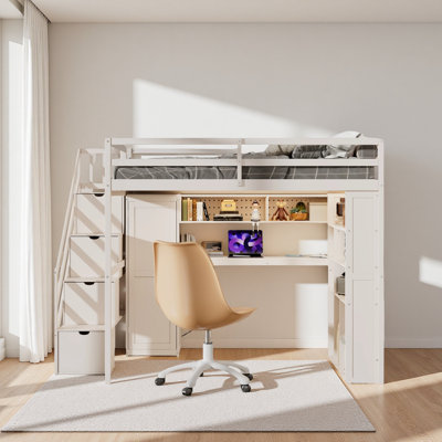Full Loft Bed Frame With Built-In Wardrobe, Study Desk, Storage Shelves & Lights, Space-Saving Design For Bedroom