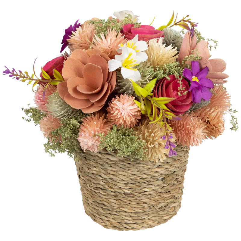 7" Multicolor Fabric and Wood Spring Floral Arrangement in Woven Pot