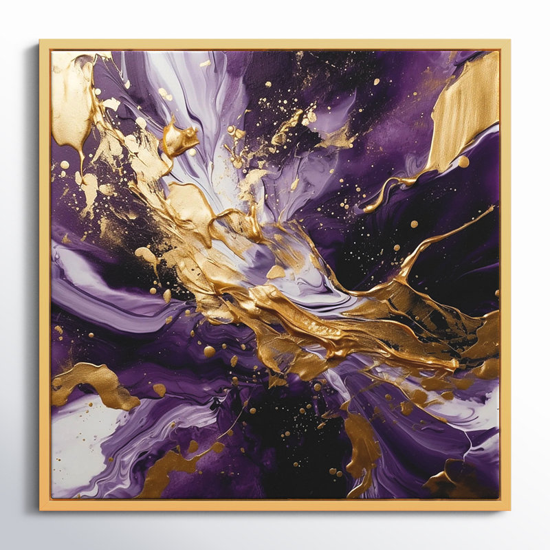 Mauve et or liquide Magic III - Art mural abstrait pour le salon, H 30 po x l 30 po, Reproduction avec cadre flottant, Doré