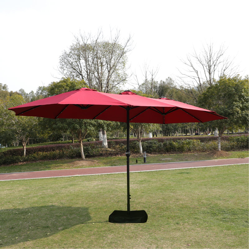 Parasol de patio extérieur double 15X9pi avec base - rouge. Très grand abat-jour pour la cour ou la piscine. Auvent, structure en acier, manivelle facile, évent rouge et base. Plage supplémentaire, jardin. -, rouille
