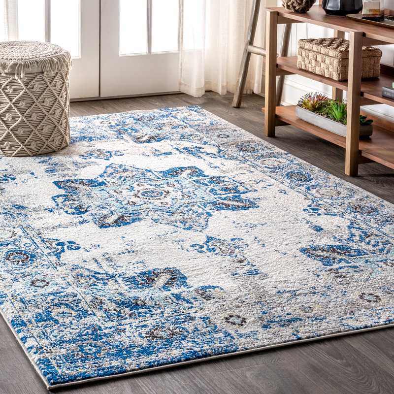 Lathem Modern Persian Boho Vintage Medallion Ivory/Blue Rug, Rectangle 3' x 5'