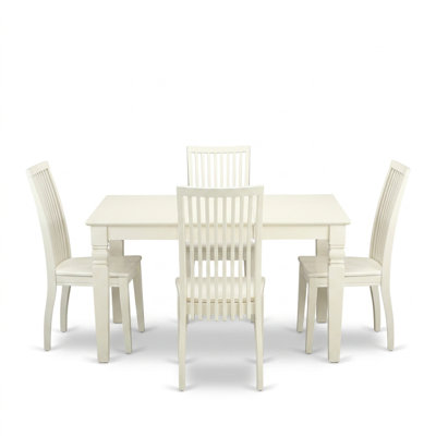 Linen White Solid Wood Square-Rectangular Hybrid 5 Piece Dinette Set With Table And 4 Chairs And Self Storage Expansion Leaf