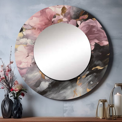 Orlander hydrangées roses - miroir mural hydrangées, miroir décoratif rond traditionnel, impression d'art en métal