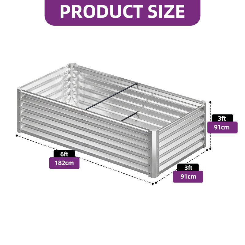 Galvanized Raised Garden Bed With Gloves, Silver, 36" H x 72" W x 36" D