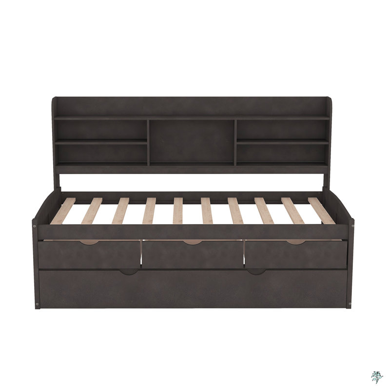 Wooden Captain Bed With Built-In Bookshelves,Three Storage Drawers And Trundle, Twin, Brown