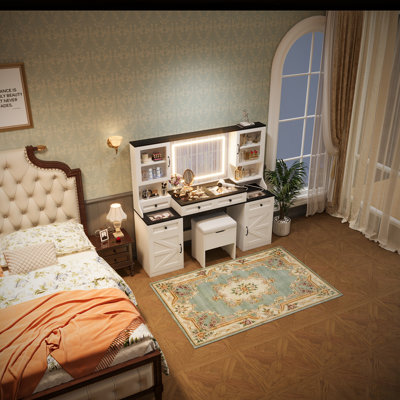 Farmhouse Vanity Desk with Mirror, LED Lights, 5 Drawers, 4 Cabinets, Glass Top, and Cushion Stool for Bedroom