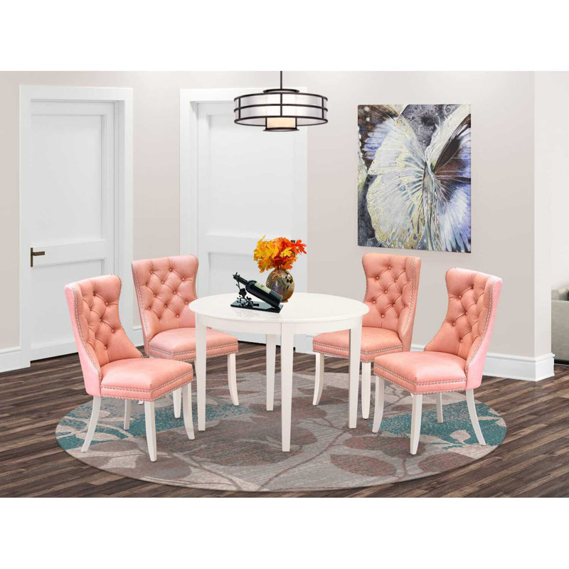 5-Piece Linen White Solid Wood Top - Round Upholstered Dining Room Set - (Seats-4), Tan