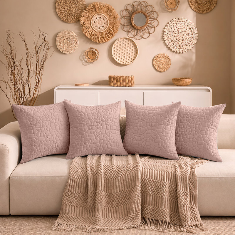 Aspire Homeware Geometric Square Velvet Cushion Covers, Pink, Pack of 4