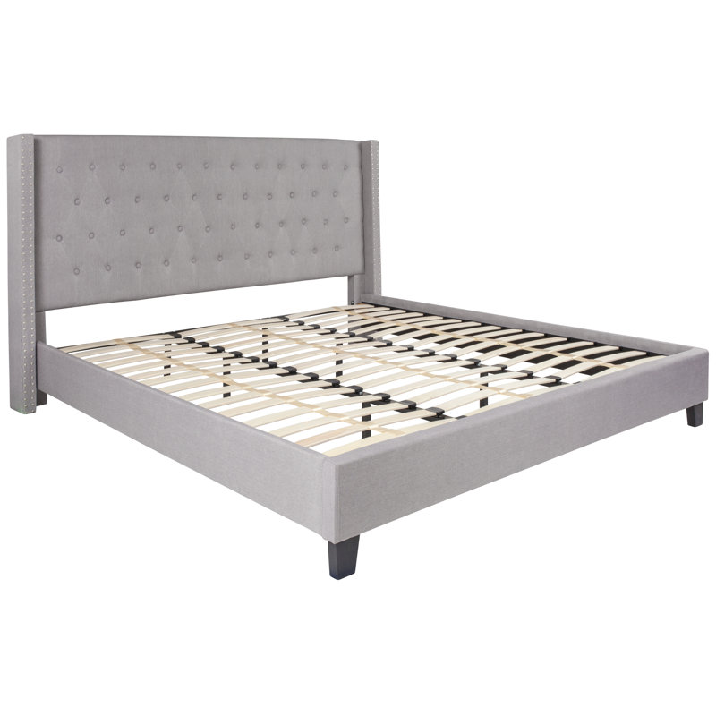 Aluino Tufted Upholstered Platform Bed w/ Accent Nail Trimmed Extended Sides, King, Light Gray