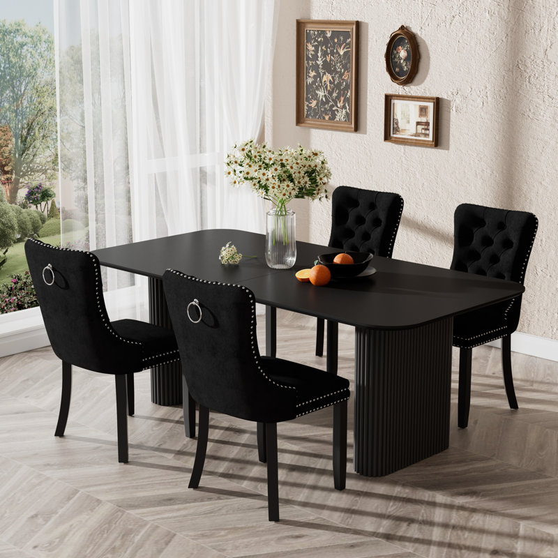 70.9 " Rectangular Double Pedestal Dining Table Set, Black, 5