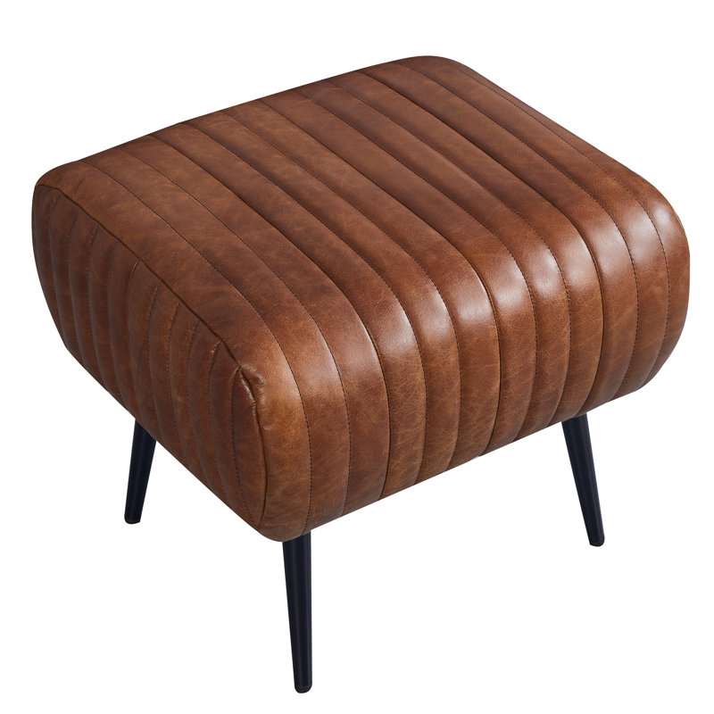 Marquette Top-Grain Leather Ottoman, Caramel Brown
