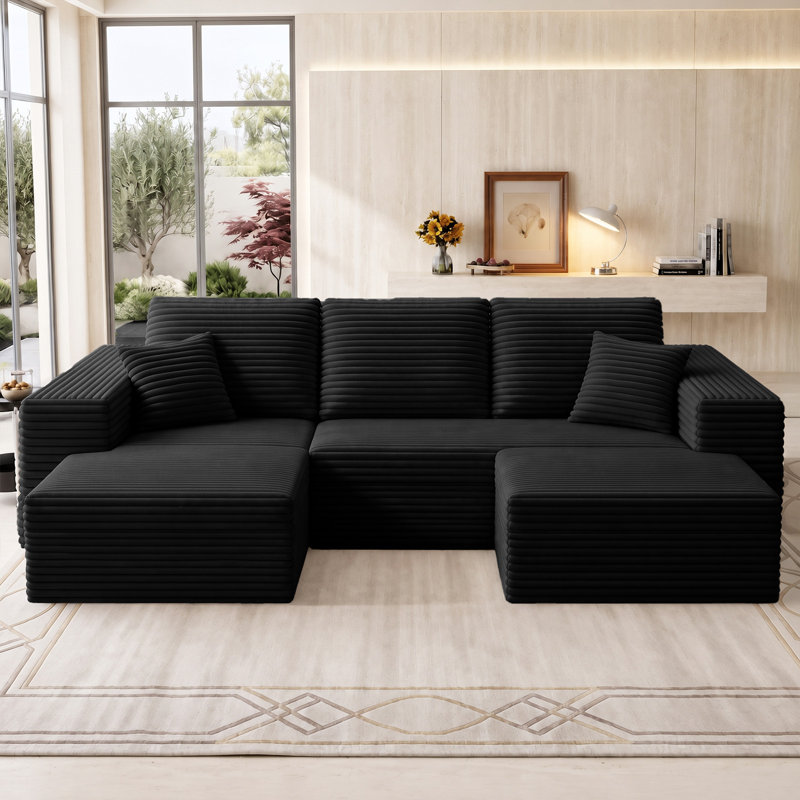 Canapé d'angle modulaire Cloud Compression 95 po sans os avec 2 poufs, canapé contemporain en velours côtelé moelleux en forme de U avec assise profonde, aucun assemblage requis pour le salon