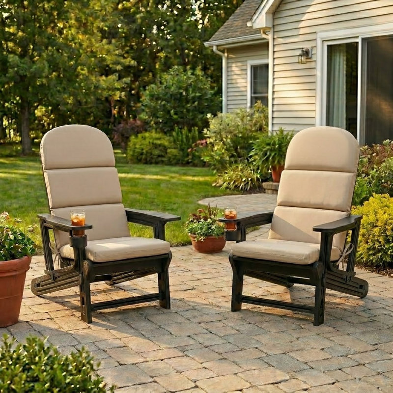 Outdoor Hdpe Adirondack Chair Set With Removable Cushions And Cup Holder, Beige