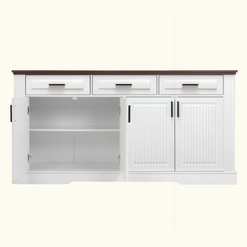 63" Farmhouse Sideboard Coffee Bar Station with 4 Doors and 3 Drawers, White