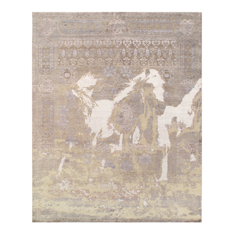 Tapis unique noué à la main beige / gris de 7 pi 11 po x 9 pi 11 po