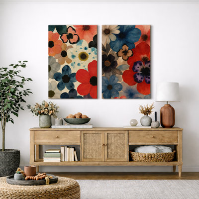 Vintage Botanical Floral Pattern in Blue Red and Neutral Tones - Pictures Framed Canvas Print 2 Pieces Wall Art