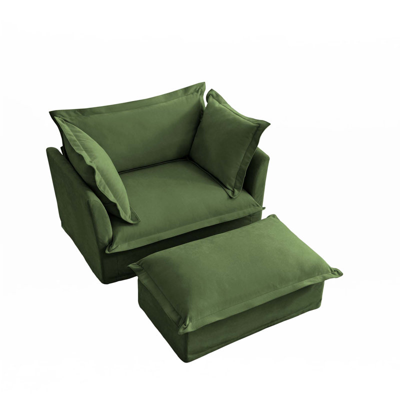 Fauteuil rembourré avec housse avec repose-pieds, Chenille verte