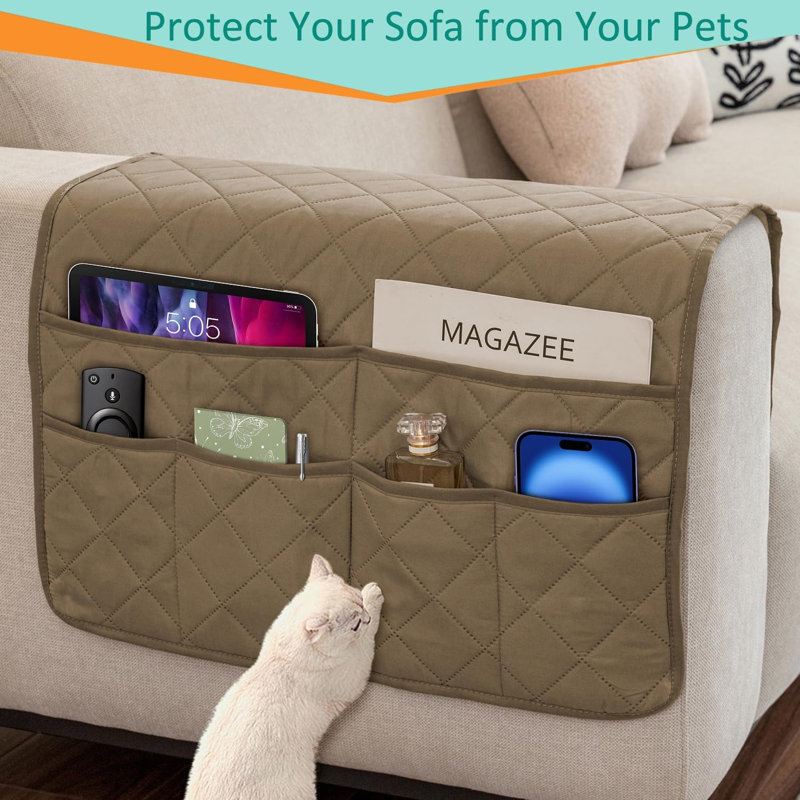 6 Pockets Sofa Armrest Organizer Non Slip Quilted Cotton Couch Remote Caddy Holder