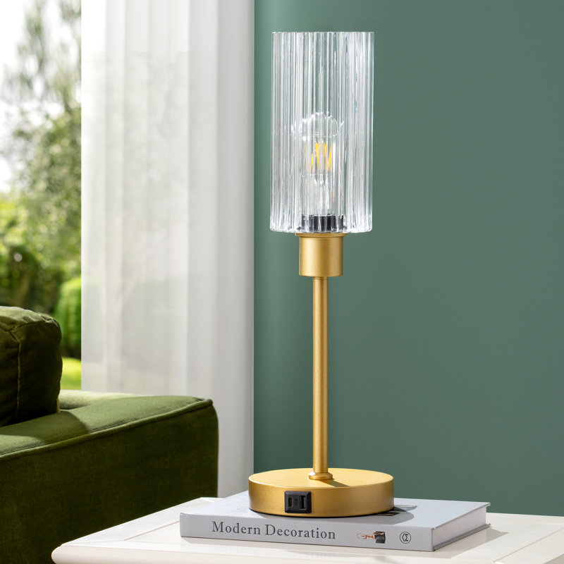 Dimmable Glass Table Lamp with Touch Control and USB Ports, Gold