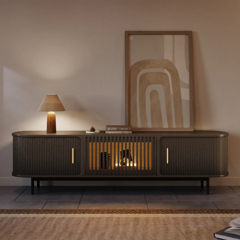 Mid-Century Modern Tambour Door TV Stand With LED Lights, Fully Assembled, Black, 21.25”H x 78.74”L x 15.75”W