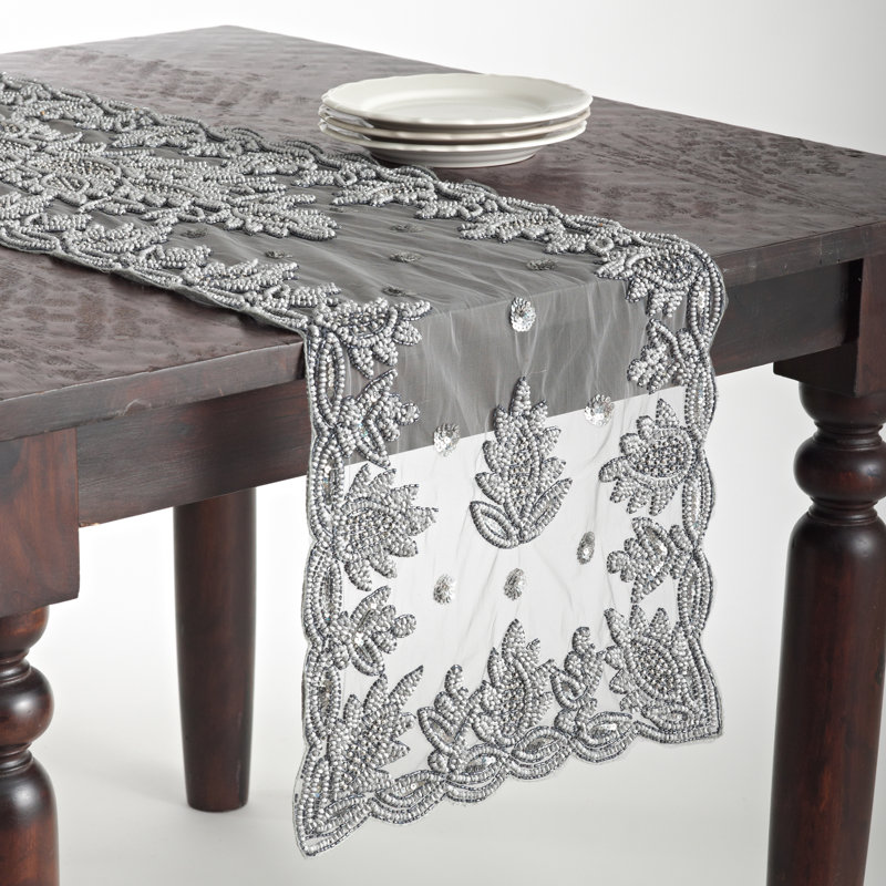 Adwin Hand Beaded Table Runner, 90" L x 16" W, Pewter