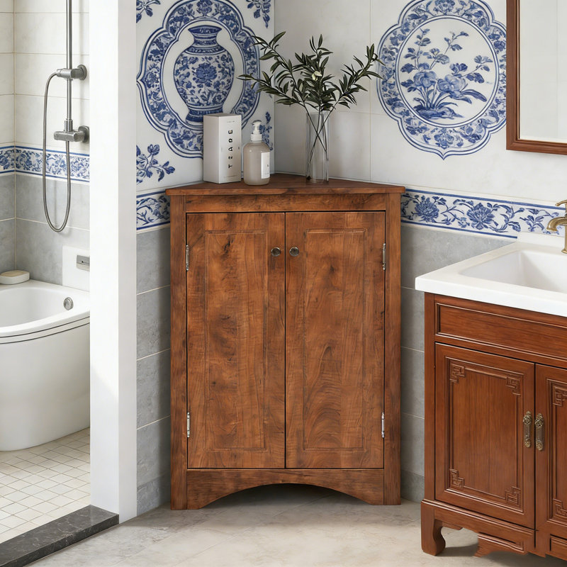 Bathroom corner Storage Cabinet with 2 Doors and Adjustable Shelves, Brown