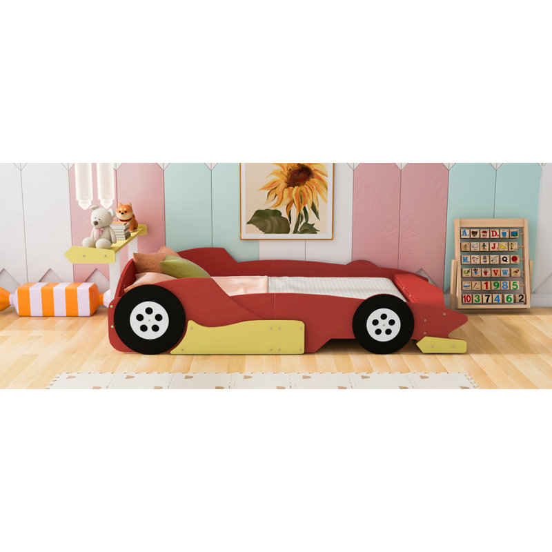 Lit plateforme double en forme de voiture de course avec roues, rouge