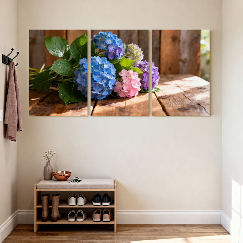 Fleurs d'hortensia, art mural sur toile tendue, ensemble floral (ensemble de 3), H 18 po x l 36 po