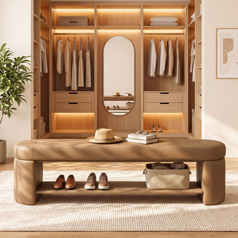 Banc de lit long de 160 cm (62,99 po) en similicuir avec tablette de rangement ouverte, banc de chambre à coucher
