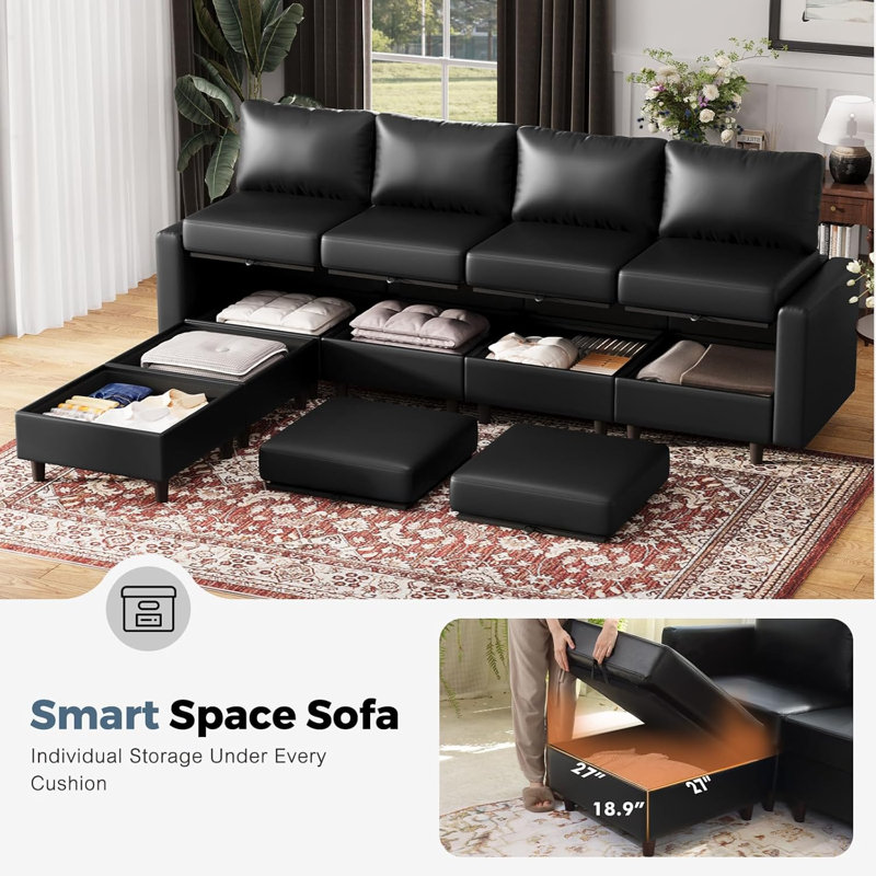 6-Piece 91.5'' Reversible Modern L-Shape Sectional Sofa With Storage Seat- Faux Leather Black, Black Faux Leather