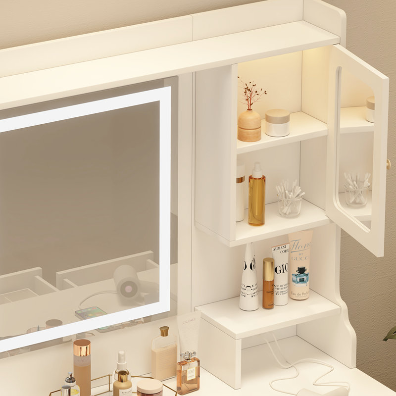 Grande coiffeuse, bureau de coiffeuse élégant avec grand miroir et lumières, coiffeuse de maquillage avec prise de courant pour la chambre à coucher, blanc
