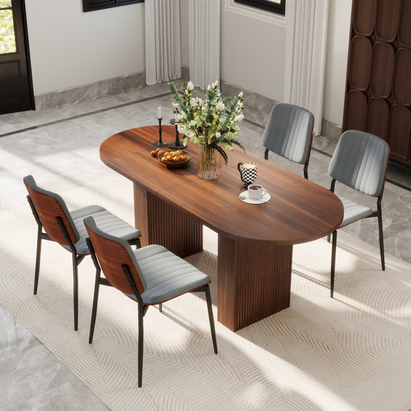 62.9" Oval Dining Table Set For 4-6, MDF Kitchen Table With Faux Leather Chairs, Walnut Curved Wood Back Mid-Century Modern Dining Set, Easy Clean Dining Furniture